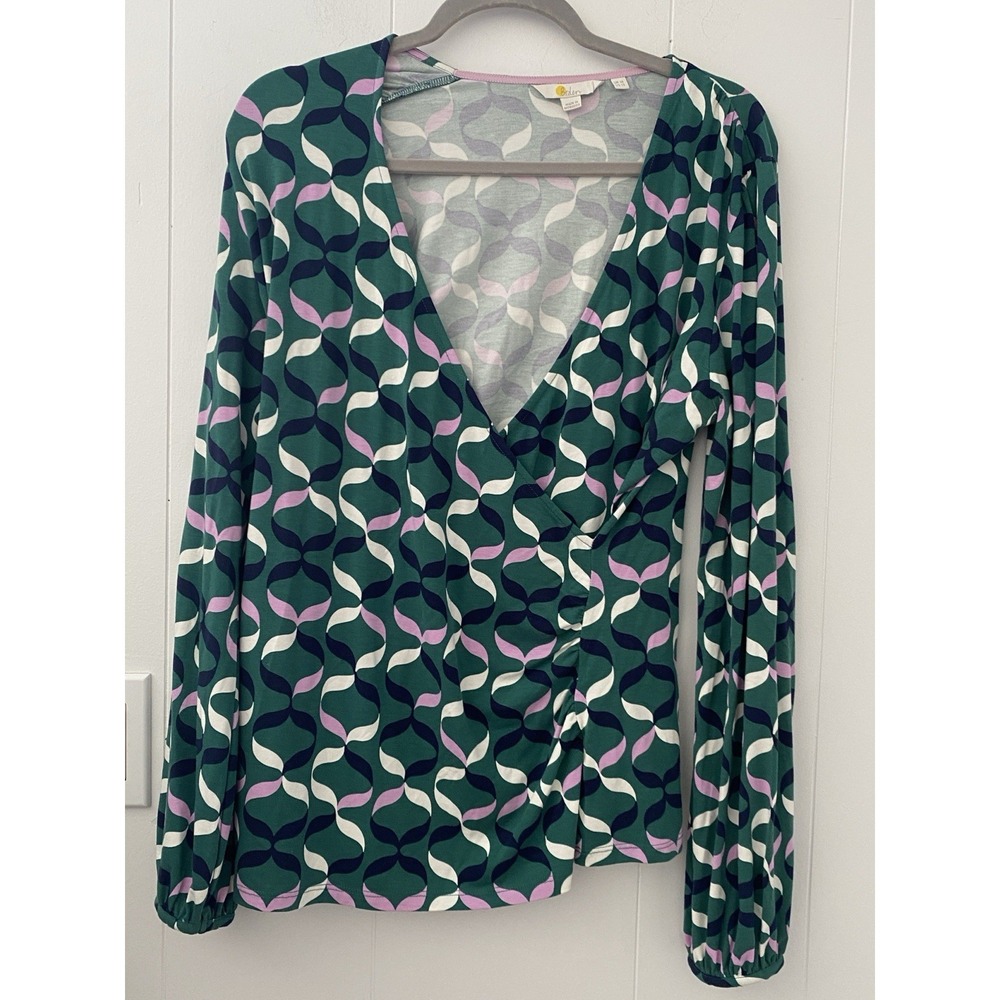 Boden Green Geometric Long Sleeve Faux Wrap Top Blouse Size UK 16 US 12